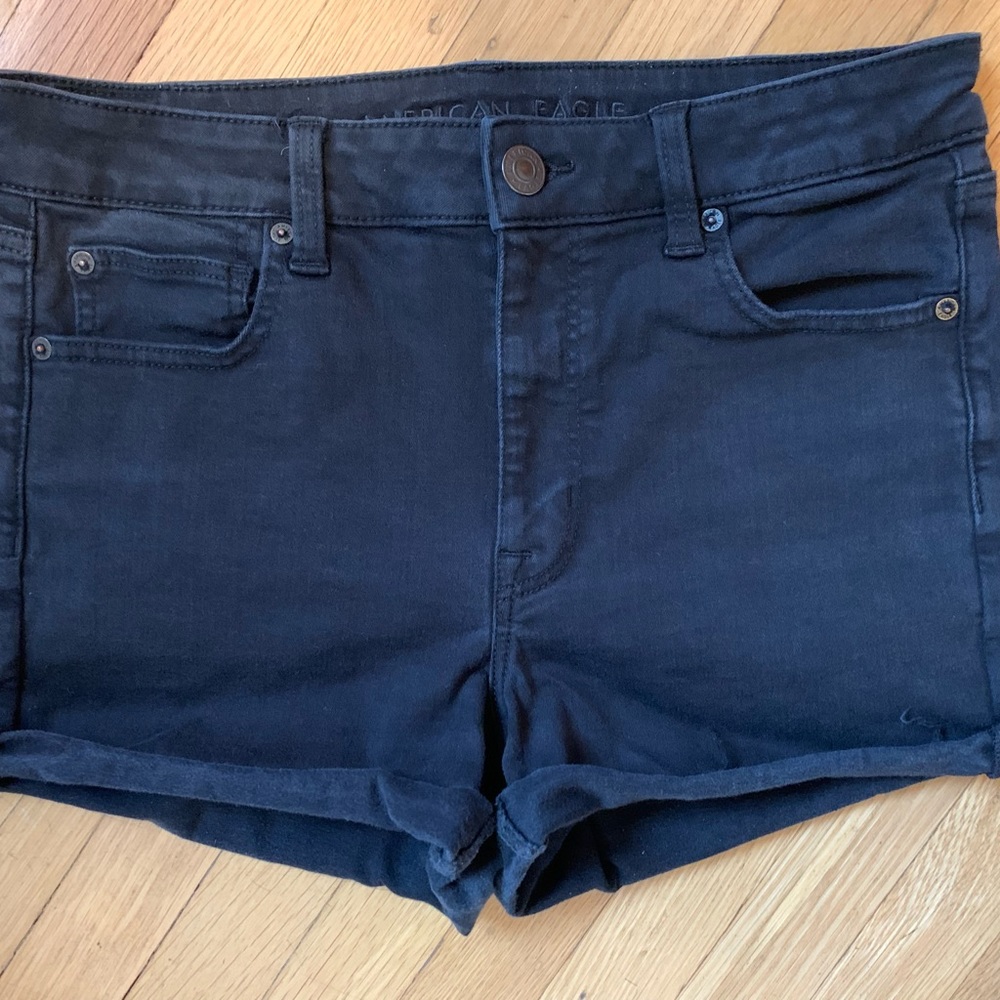 American Eagle Next Level Stretch Black Hi-Rise Shortie Denim Shorts Size 12